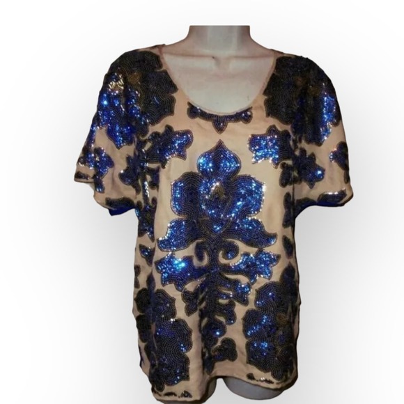 Tracy Reese Neiman Royal Gold Sequin Marcus Shirt Dolman Short Sleeve Size S NWT - Picture 2 of 12